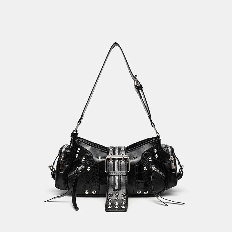 Women's Y2k Punk Vintage Shoulder Purse PU Leather Gothic Rivet Handbag Waist Bag Luxury Black Cross Body Bags with Spikes