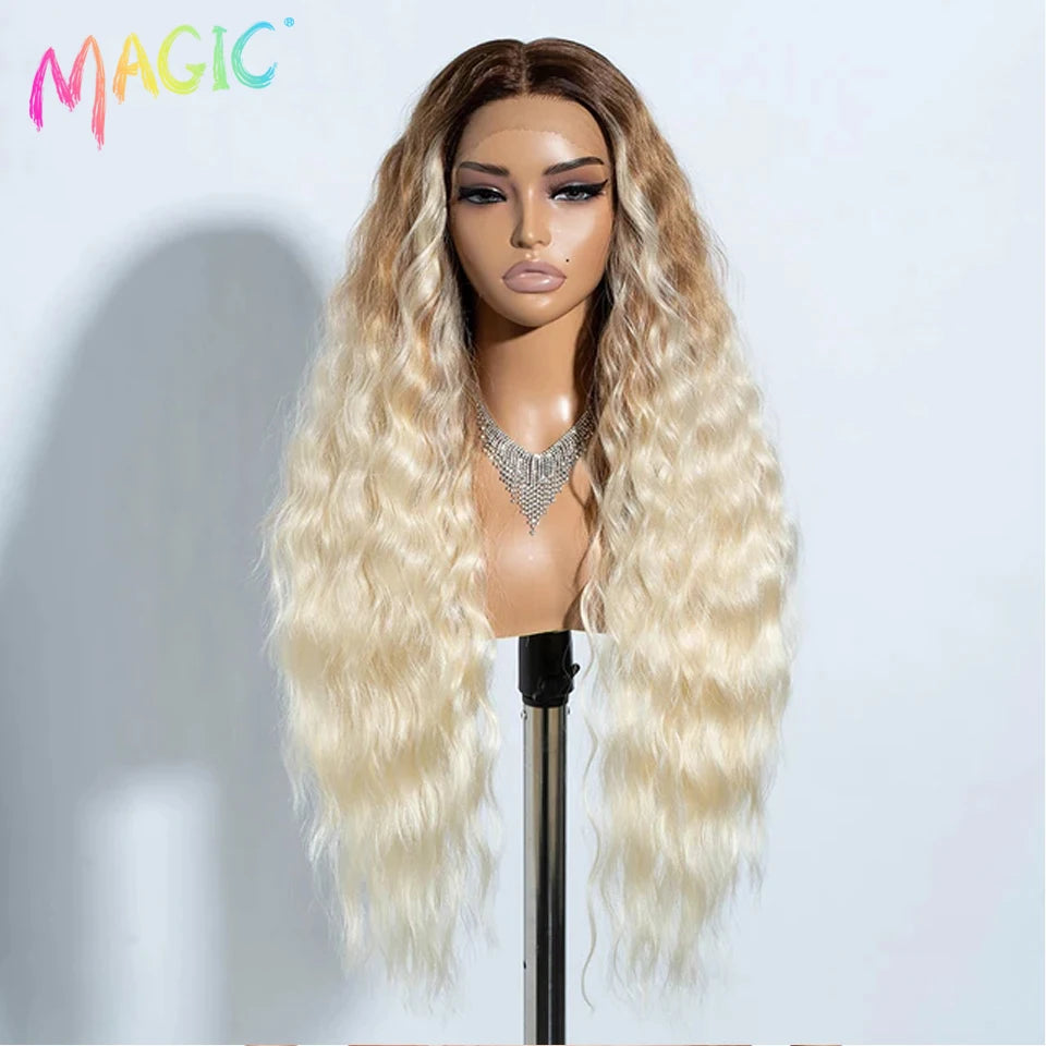Magic Synthetic Lace Front Wig Long Deep Wavy 30 Inch Ombre Blonde Ginger Lace Wigs For Black Women Heat Resistant Cosplay Wigs