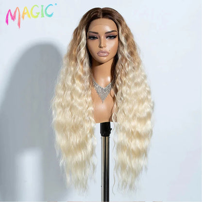 Magic Synthetic Lace Front Wig Long Deep Wavy 30 Inch Ombre Blonde Ginger Lace Wigs For Black Women Heat Resistant Cosplay Wigs