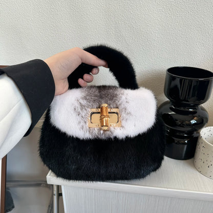 Fur Women's Mink Fur Bag Luxury Warm Plush Wrist Bags  Women Fashion Furry Short Handle Clutch Cute Ladies Fur Bags For Women