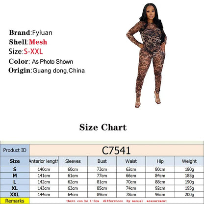 Sexy Bodycon Jumpsuits Women Clothes Leopard Mesh Print Semi Perspective Jump Suit Long Sleeve Bodysuit Nightclub Club Clothes