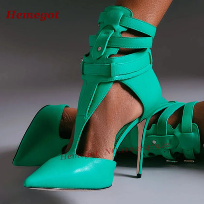 Black T-Straps Glossy Buckled Sandals Pointy Toe Thin Heels Cut Out Women's Sandals Patent Leather Solid Luxury Party Shoes Sexy