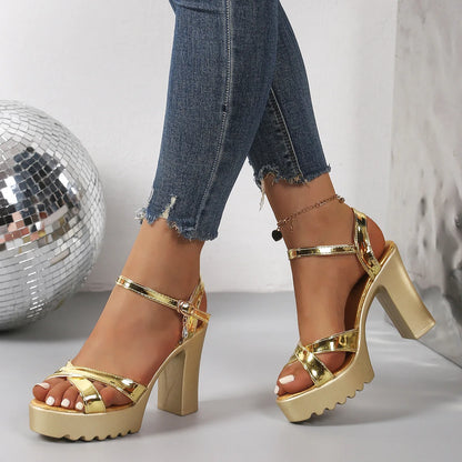 Summer Luxury Diamond Buckle Strap Women's Pumps Square Heel Solid Pumps Shoes Women Fashion Pu Platform High Heels Female
