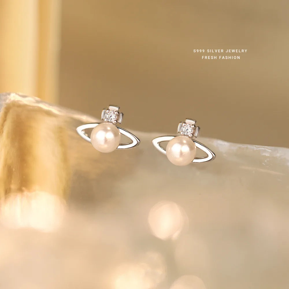 Fashionable Simple 999 Sterling Silver Zircon Planet Shell Earrings for Women Exquisite Light Luxury Jewelry