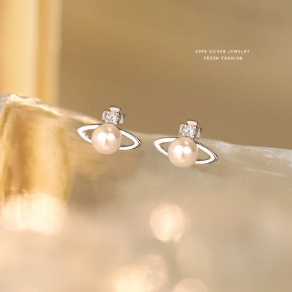 Fashionable Simple 999 Sterling Silver Zircon Planet Shell Earrings for Women Exquisite Light Luxury Jewelry