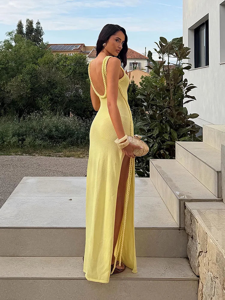 Braided Trim Sexy High Slit Dress Lady Sleeveless Hollow Out Backless Bodycon Maxi Dresses 2026 Summer Elegant Chic Evening Gown