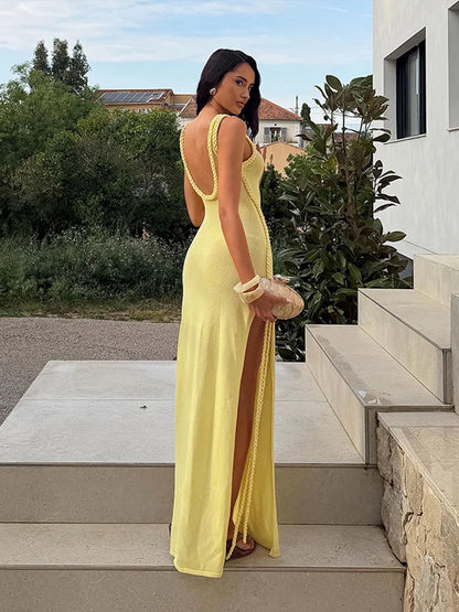 Braided Trim Sexy High Slit Dress Lady Sleeveless Hollow Out Backless Bodycon Maxi Dresses 2026 Summer Elegant Chic Evening Gown