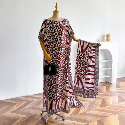 New African Fashion Short Sleeve Colored Pattern Dubai Women Summer Real Silk Soft Printing Loose Tradition Muslim Scraf