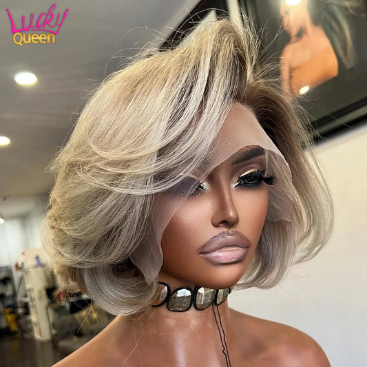 Light Gray Blonde With Brown Roots Short Bob Wig 180 Density Pre-Plucked 13x4 Lace Frontal Human Hair Wigs For Women Straight