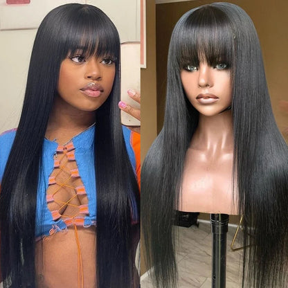 38 inch Straight Lace Front Wig With Bangs Fringe Human Hair Wigs 360 HD Full Lace Frontal Wig With Bang On Sale Clearance Cheap