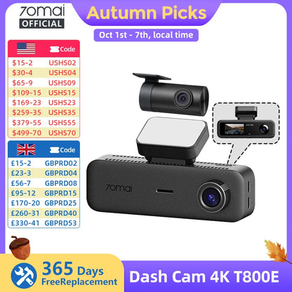 70Mai T800E 3-Channel Dash Cam Front 4K + Rear 1080P + Interior 1080P Hdr Supercapacitor 24H Parking Gps Voice Control Wi-Fi6
