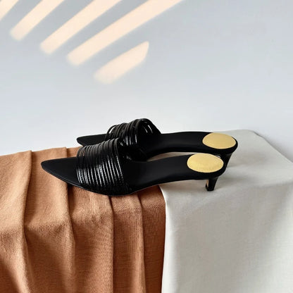 Black Pointed Toe Narrow-band Mule Slippers Women Sexy Open Toe Kitten Heel Slide Sandals Luxury Gold Embellished Design Shoes
