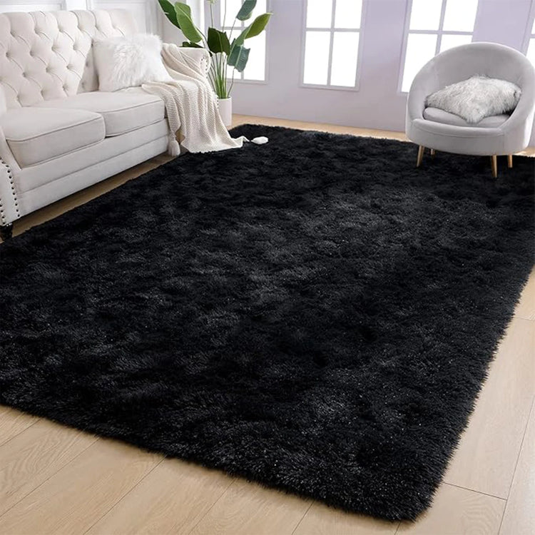 Fluffy Large Carpet for Living Room Black Non-Slip Machine Washable Plush Area Rugs for Bedroom Soft Thick Floor Mats
