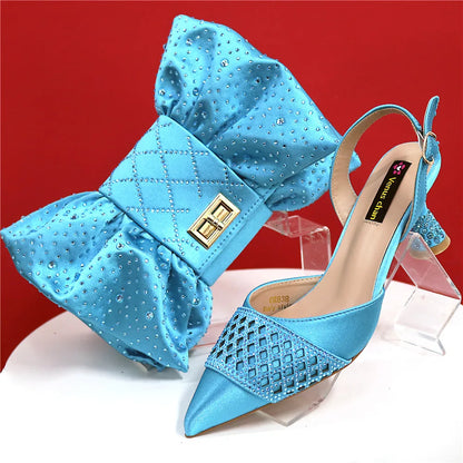 Nigerian Women Heel Party Ladies Italian Design Shoes And Bags Set Decorated with Rhinestone Handbag Wedding Party