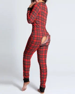 Adult Long Sleeve Pajamas Button Flip Cover Women's 1Piece Loungewear Butt Button Back Flap Jumpsuit Sleepwear Romper Home Wear