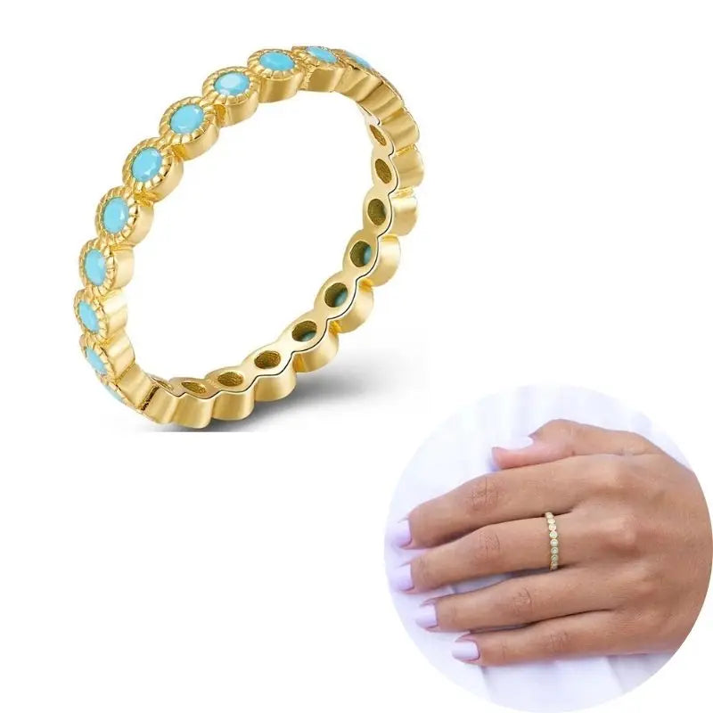 24K Gold Plated Colorful Crystal Gold Rings Turquoise Engagement Wedding Anniversary Ring Light Luxury Fashion Jewelry Gifts A40
