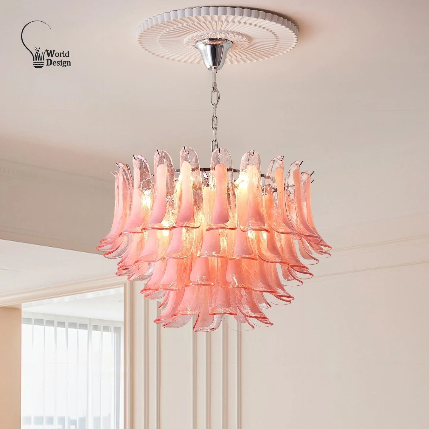 French Murano Petal Glass Chandelier Dining Table Living Room Antique Style Pink Petal Glass Pendant Chandelier Lights Bedroom