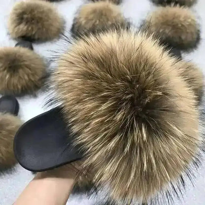 Real Raccoon Fur Slippers For Women 2026 Summer Fluffy Indoor House Fuzzy Flat Slides Outdoor Fashion Beach Sandals Flip Flops
