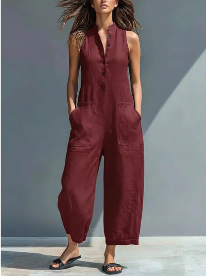 Cotton And Linen Jumpsuit Women Stand Collar Sleeveless Pocket High Waist Wide Legs Jumpsuits Casual Commuting Ladies Bodysuits