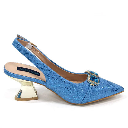Newest Style Teal Sky Color Platform Design Peep Toe Ladies Shoes Matching Bag Set For Mature Women Heel Party Pump