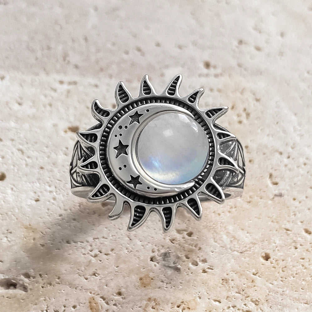 925 Sterling Silver Natural Moonstone Ring 8MM Bohemian Star Sun Moon Shape Ring Gothic Punk Style Party Gift for Women Men