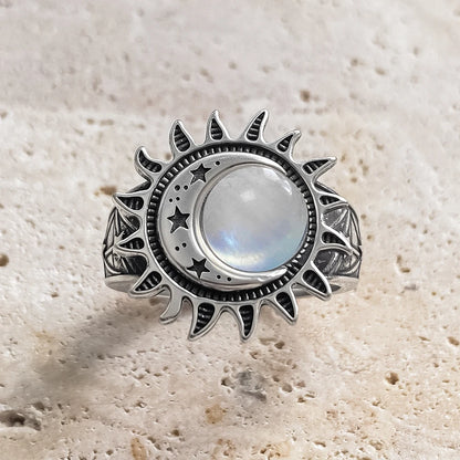 925 Sterling Silver Natural Moonstone Ring 8MM Bohemian Star Sun Moon Shape Ring Gothic Punk Style Party Gift for Women Men