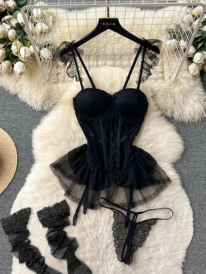 Coquette Lace Lingerie Set Sexy Mesh Bodysuit Valentines Day Sleepwear Gothic Strappy Catsuit Intimate Nightwear Romper