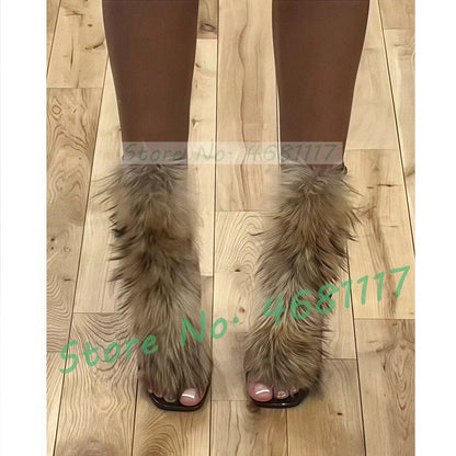 Brown Real Fur Stiletto Sandals Women Fashion Sexy Black Patent Leather High Heels Party Sexy Multi Buckle Strap Furry Shoes