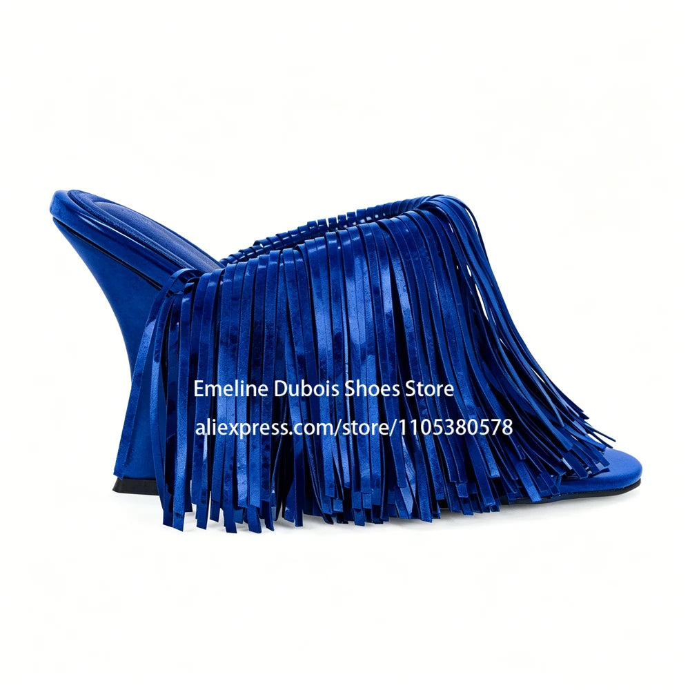 Blue Patent Leather Fringe Wedge Heel Mules Open Peep Toe Slip On Irregular Heel Sandals Nightclub Party Runway Shoes for Women