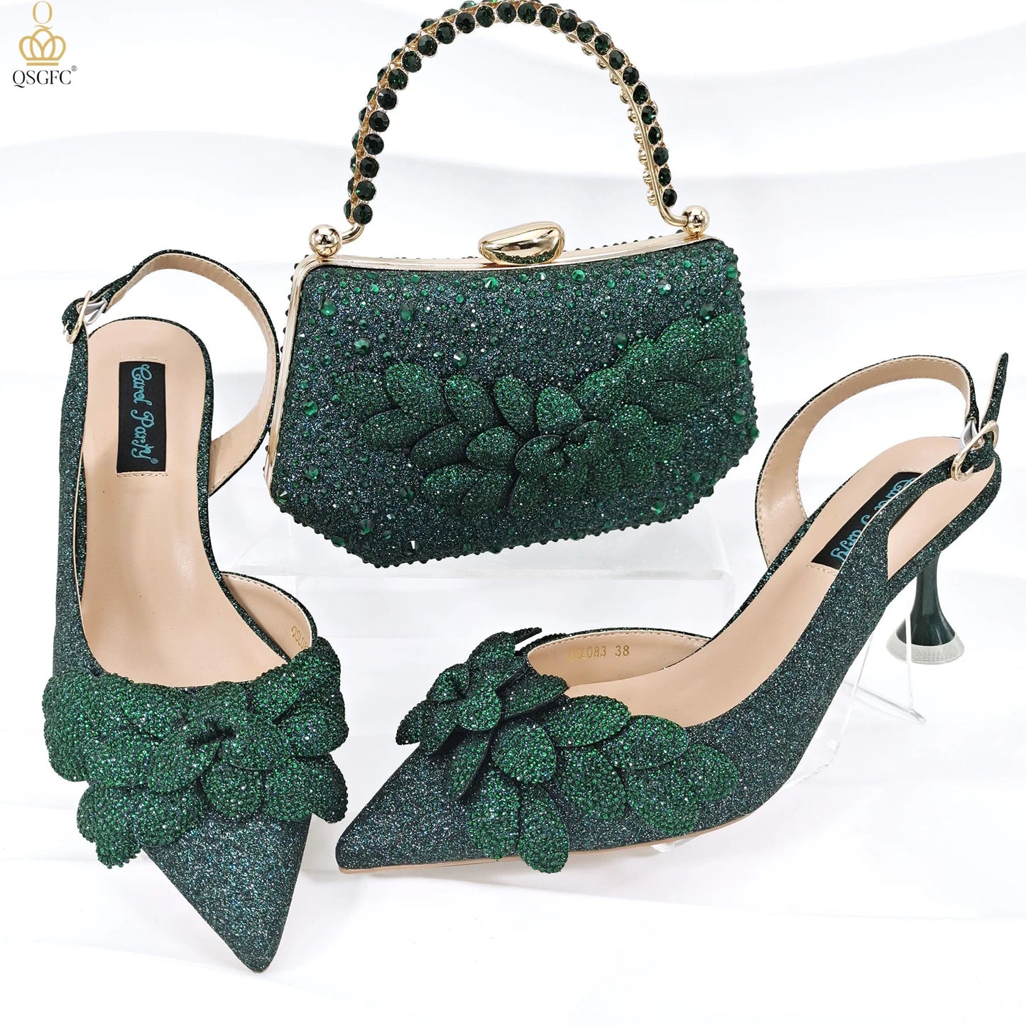 African Fashion Green Ladies Matching Shoes and Bags Nigerian Best Sell Women's Pointed Toe High Heels Commuter Wearable
