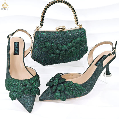 African Fashion Green Ladies Matching Shoes and Bags Nigerian Best Sell Women's Pointed Toe High Heels Commuter Wearable