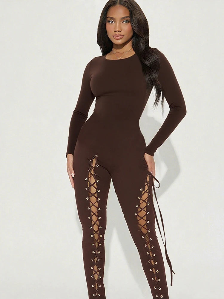 Sisterlinda Sexy Fashion Jumpsuits Woman o-Neck Full Sleeve Shirring Hollow Skinny Peach Hip Hot Girls Midnight Party Clubwear
