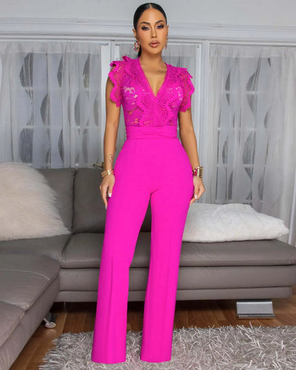 Women's Jumpsuit Elegant Lace V Neck Short Sleeve High Waisted Wide Leg Rompers Sports Fitness Party Banquet Jumpsuites Sexy Y2K
