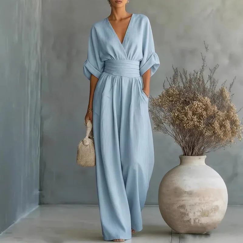 2026 Women V Neck Waist Wide Leg Jumpsuit Casual Elegant Summer One Piece