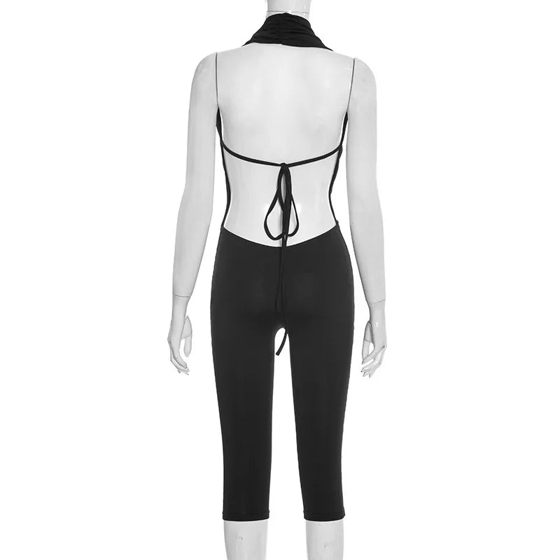 Summer Fashion New Women Sexy Jumpsuit Plunge Halterneck Backless Lace-up Solid Color Ruched One Piece Romper Capri Jumpsuits