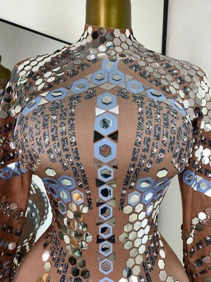 Women Performance Costumes Printed Sequines Rhinestones Spandex High Elastic Bodycon Jumpsuits Nightclub Evening Party Dress