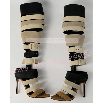 Cutout Gladiator Sandals Women Grey Suede Mixed Colors Zipper Buckle Open Toe High Heels Sandals Female Fashion Stiletto Wear