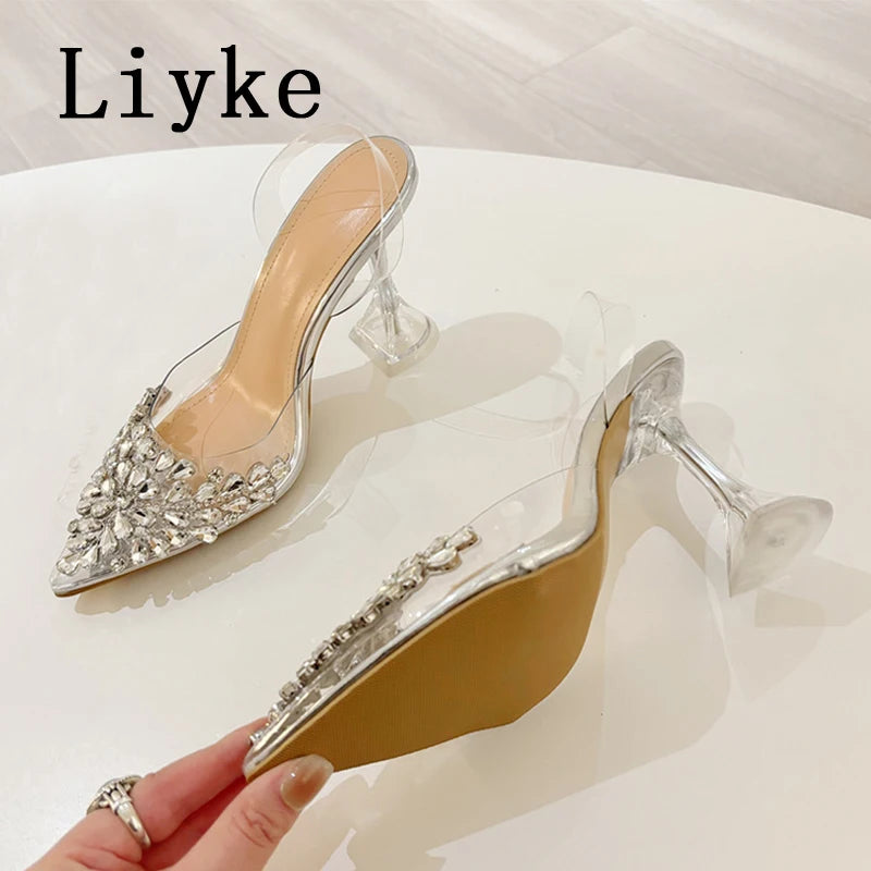 Liyke 2026 New Gold Silver Diamond Rivet Pointed Toe Slingback Sandal Women Pumps Sexy Clear High Heels Wedding Party Prom Shoes