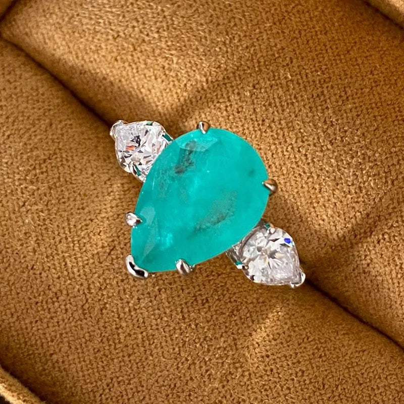 925 Silver Plated Exquisite Blue Green Moissanite Ring Fire Sparkling Luxury Open Ring Female Party Birthday Jewelry Gift
