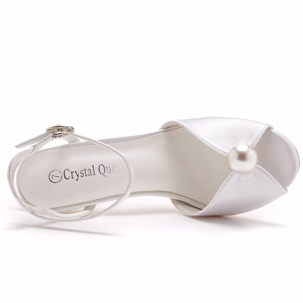 10cm High Heeled Sandals Luxury White Satin Cloth Fish Mouth Women's Shoes Banquet Wedding Dress Bridal Shoes Female