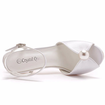 10cm High Heeled Sandals Luxury White Satin Cloth Fish Mouth Women's Shoes Banquet Wedding Dress Bridal Shoes Female