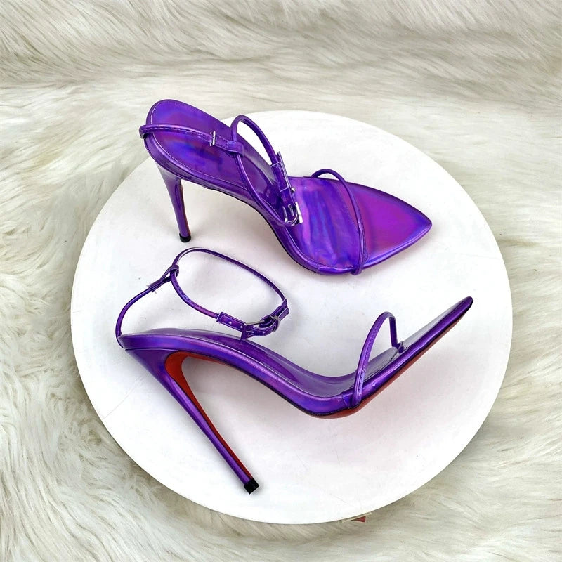 2025 Summer New Laser Purple Fashion Ultra fine One line Buckle with Thin Heels Sandals Sexy Fashion Large Size