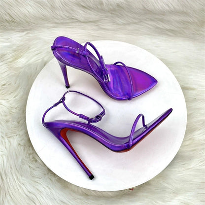 2025 Summer New Laser Purple Fashion Ultra fine One line Buckle with Thin Heels Sandals Sexy Fashion Large Size