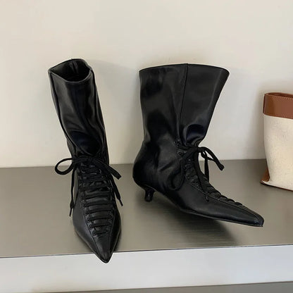 New Fashion Cross-tied Pointed Toe Women Ankle Boots Autumn Winter Thin Low Heels Party Dress Ladies Short Booties Shoes