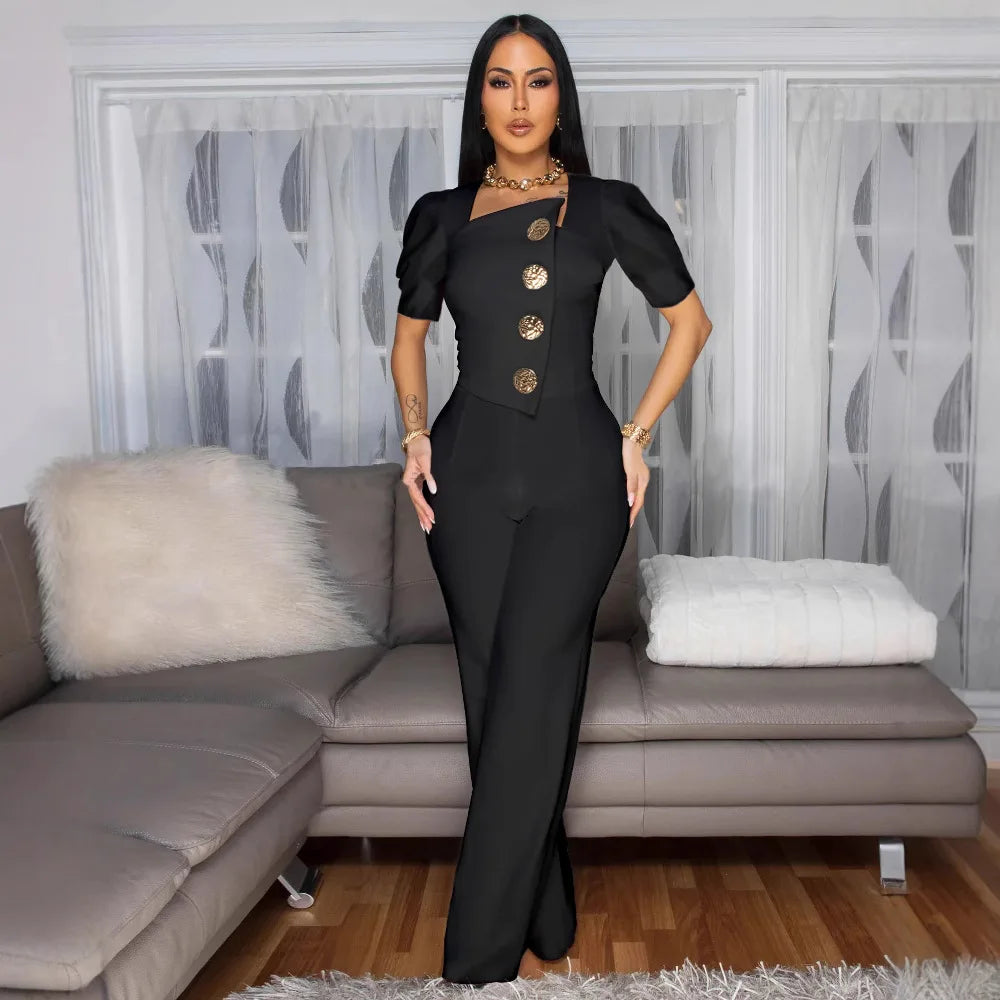 CM.YAYA Fashion Women Button Front Puff Short Sleeve Wide Leg Jumpsuits 2025 Sexy OL Chic Party Outfits One Piece Suit Rompers