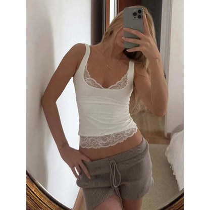 Dulzura Square Collar Backless Slim Lace Ruffles Patchwork Tank Top Women'S Fashion Sexy Y2K Top Party Vacation Summer Clothes