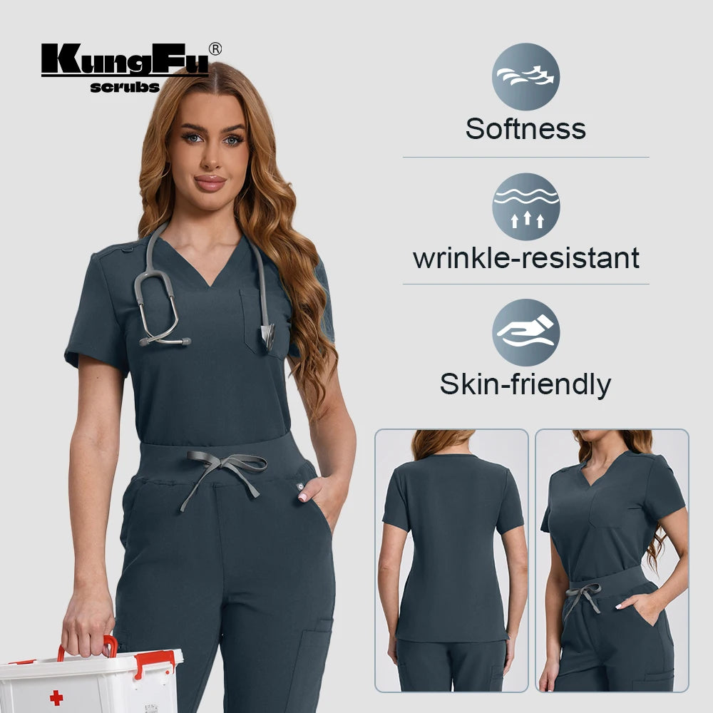 Women’s Scrubs Set V Neck Top Pants 2PCS Medical Uniform Soft Breathable Antibacterial Workwear for Nurses Doctors