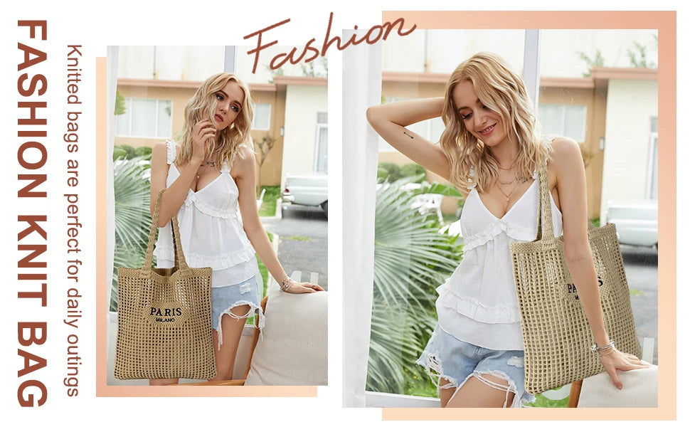 Crochet Tote Bag for Women, Crochet Mesh Beach Tote Bag Summer Vacation Aesthetic Boho Knit Bag for Women