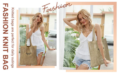 Crochet Tote Bag for Women, Crochet Mesh Beach Tote Bag Summer Vacation Aesthetic Boho Knit Bag for Women