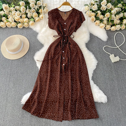 Summer Women Polka Dot Long Dress Vintage V-Neck Flying Sleeve High Waist Single Breasted A-Line Casual Vestidos Female Robe New